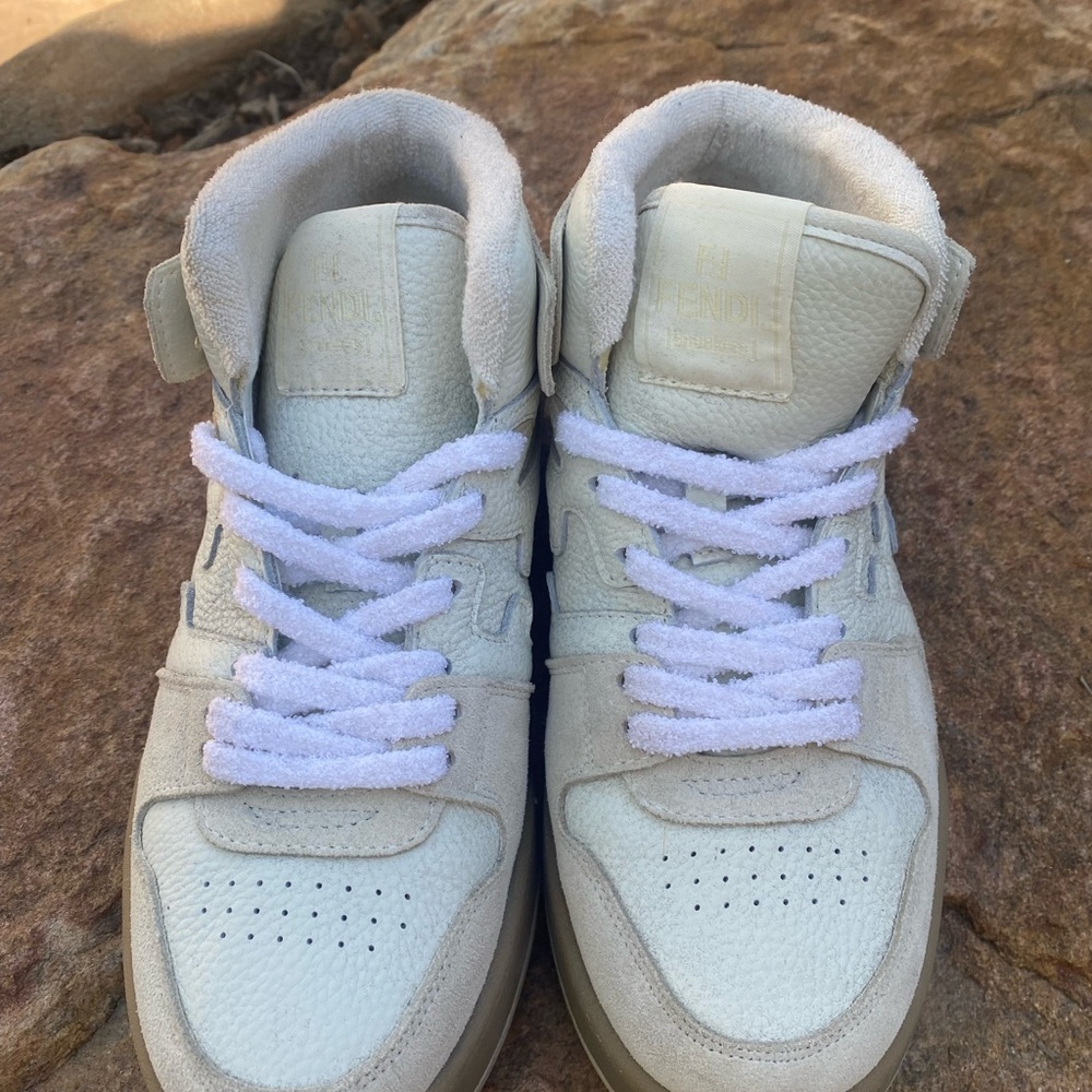 Rare FENDI official match high top sneakers shoe white taupe leather - Picture 5 of 12